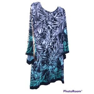 Emma & Michelle black, white, aqua tropical fauna dress size L